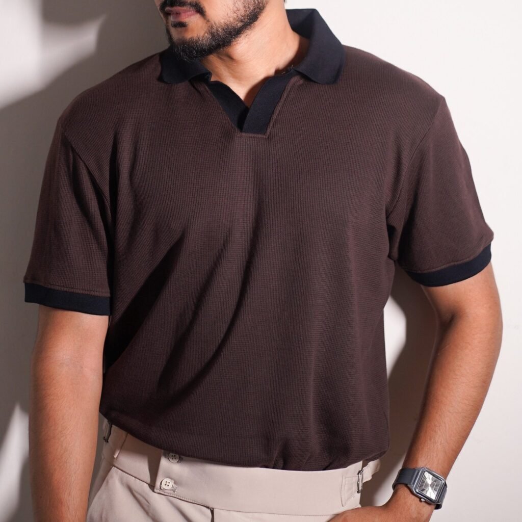 Chocolate Coffee Premium Contrasted Waffle Polo Shirt