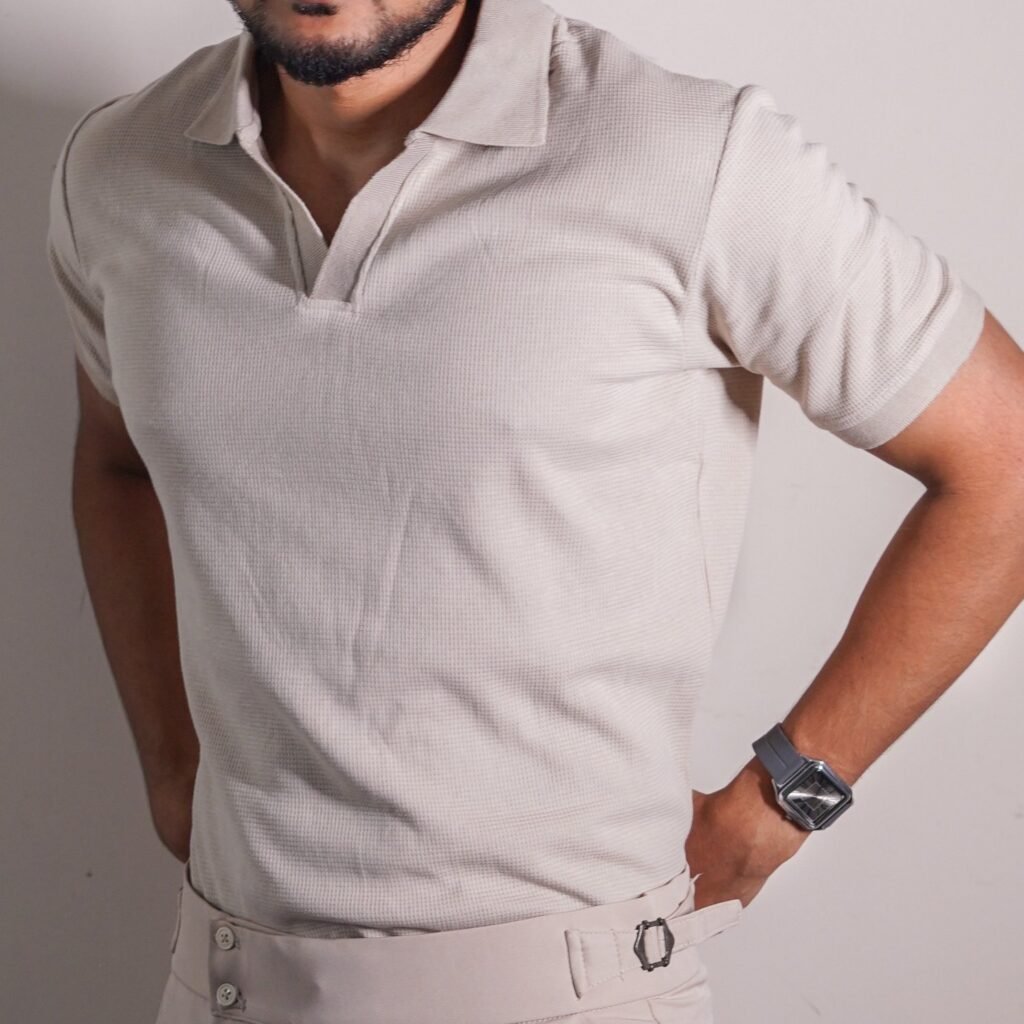 Biscuit Cream Contrasted Premium Waffle Polo Shirt