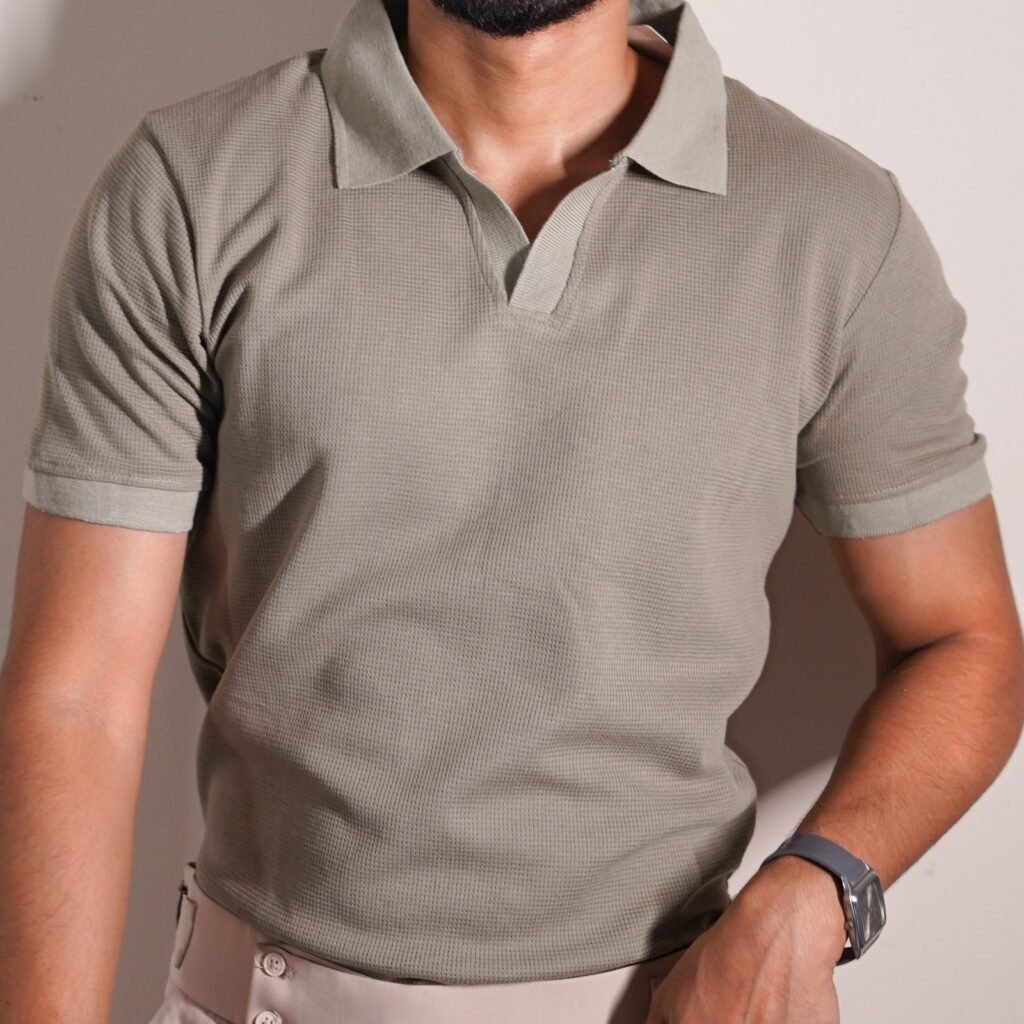 Light Olive Premium Contrasted Waffle Polo Shirt