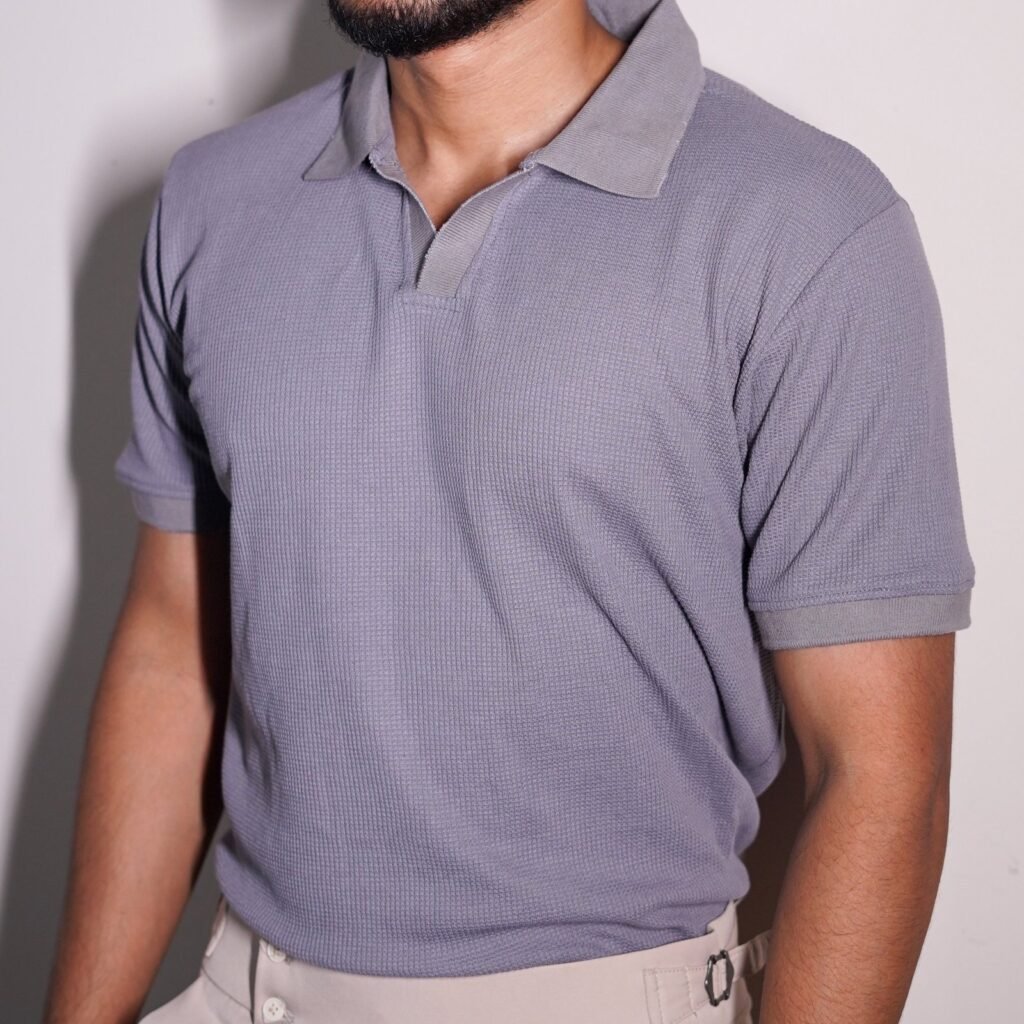 Light Blue Gray Premium Contrasted Waffle Polo Shirt