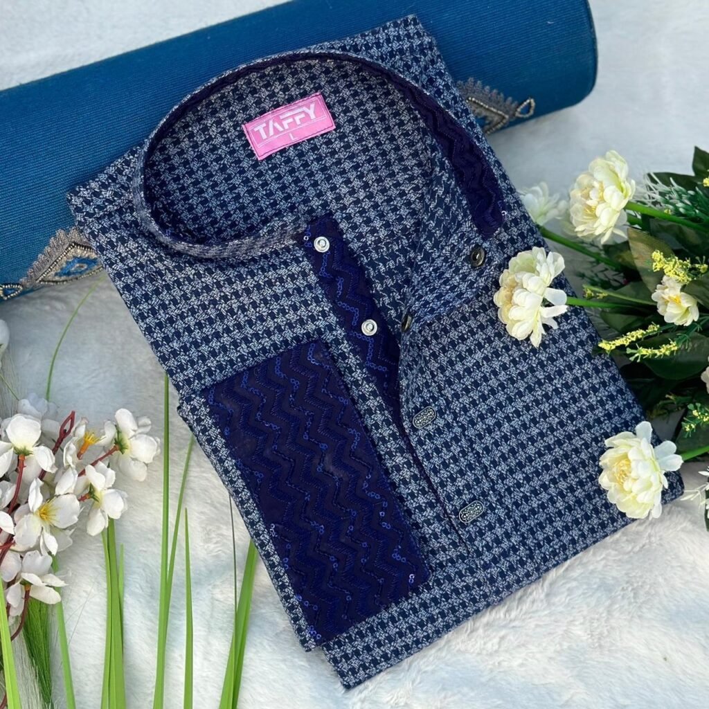 Azure Blue cheese cotton Premium Panjabi with blue contrast