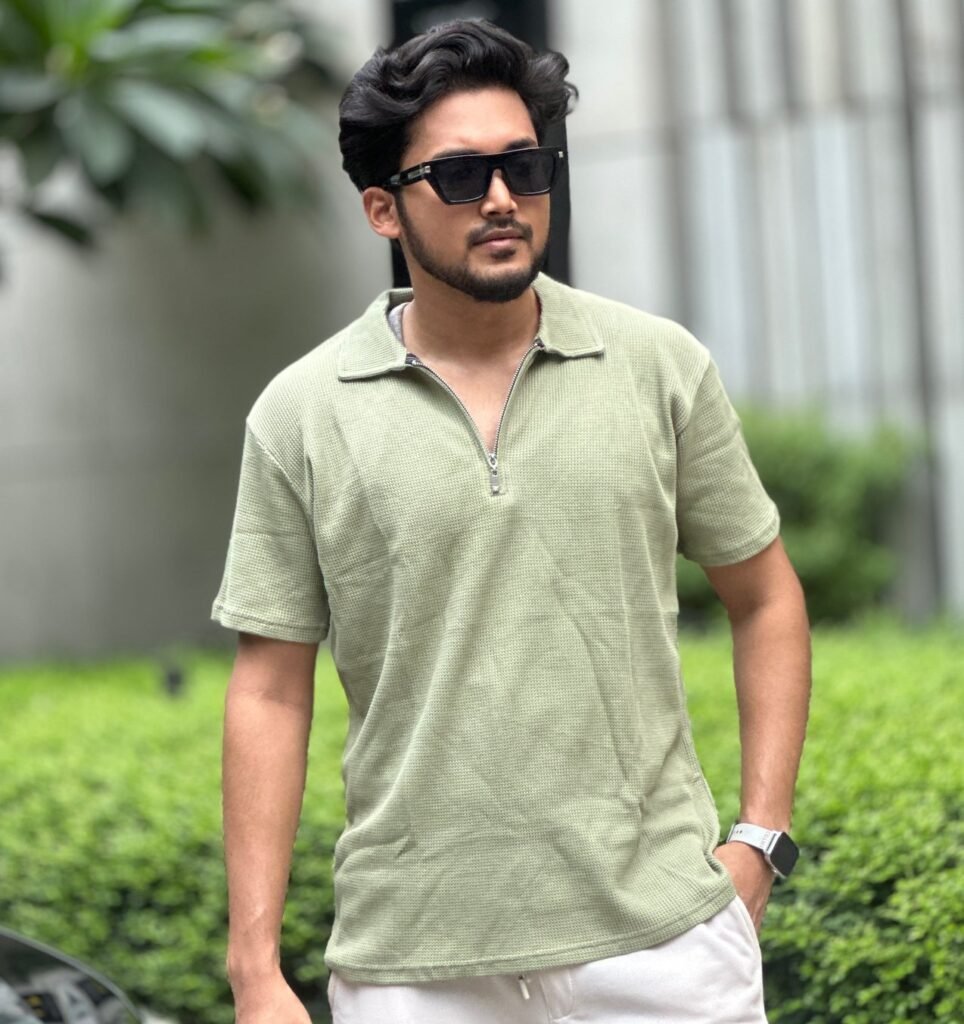 Mint Premium Waffle Zipper Polo Shirt