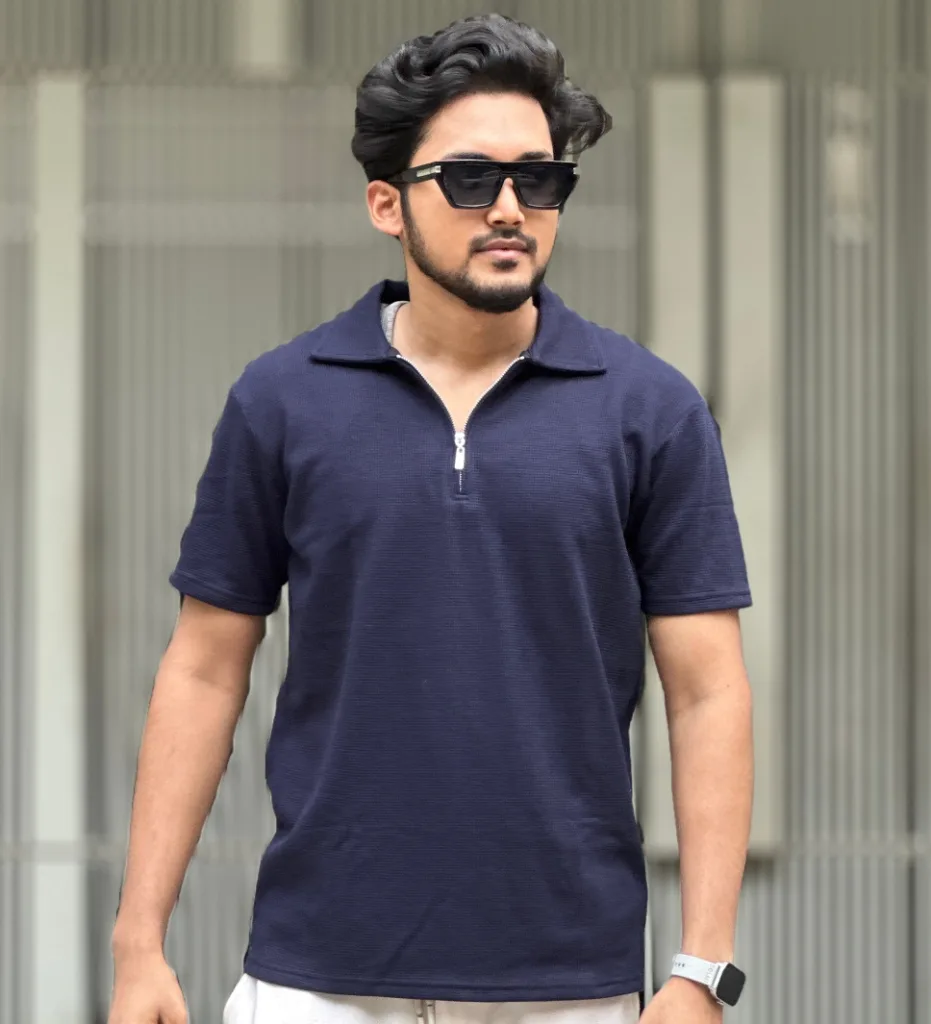 Navy Blue Premium Waffle Zipper Polo Shirt