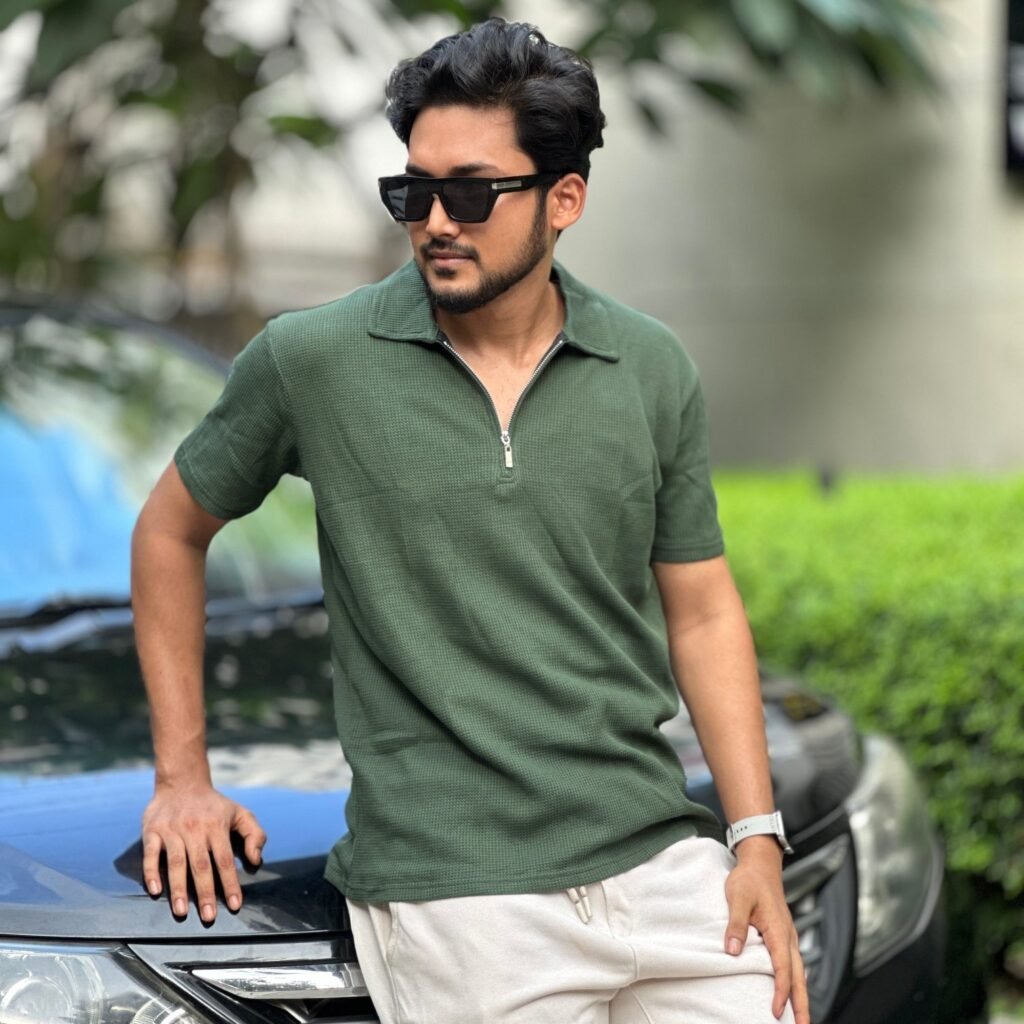 Pine Premium Waffle Zipper Polo Shirt