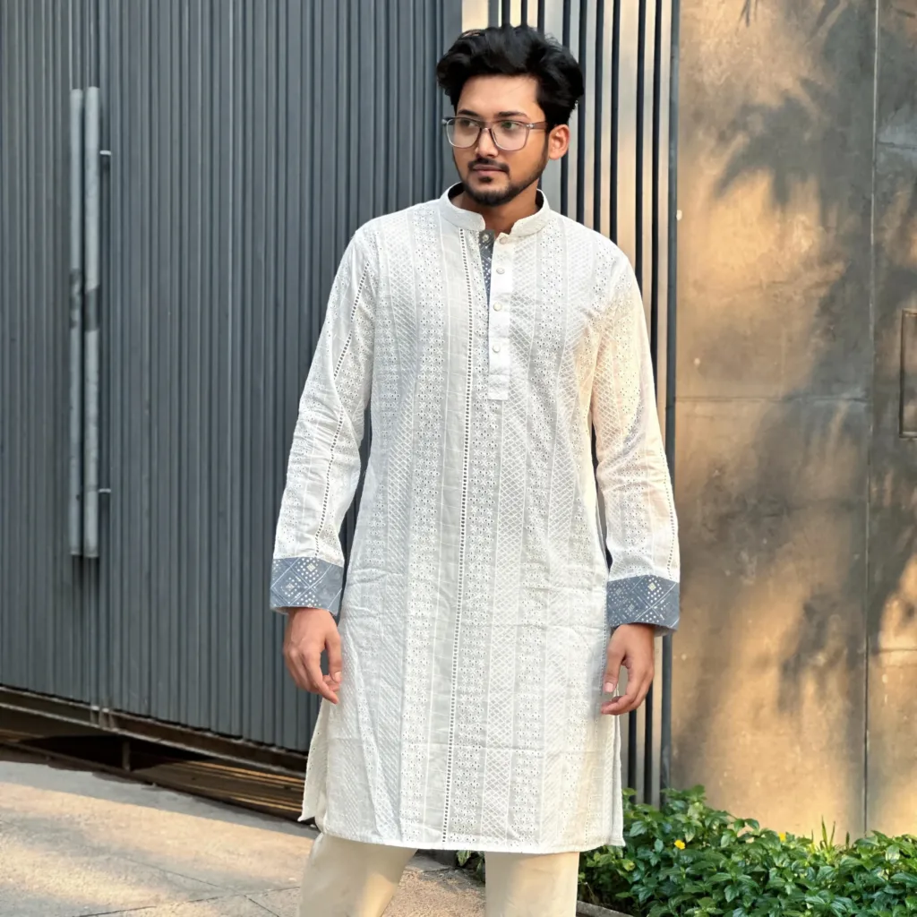 Abstract White full body embroidered Premium Cotton Panjabi with Teal Contrast