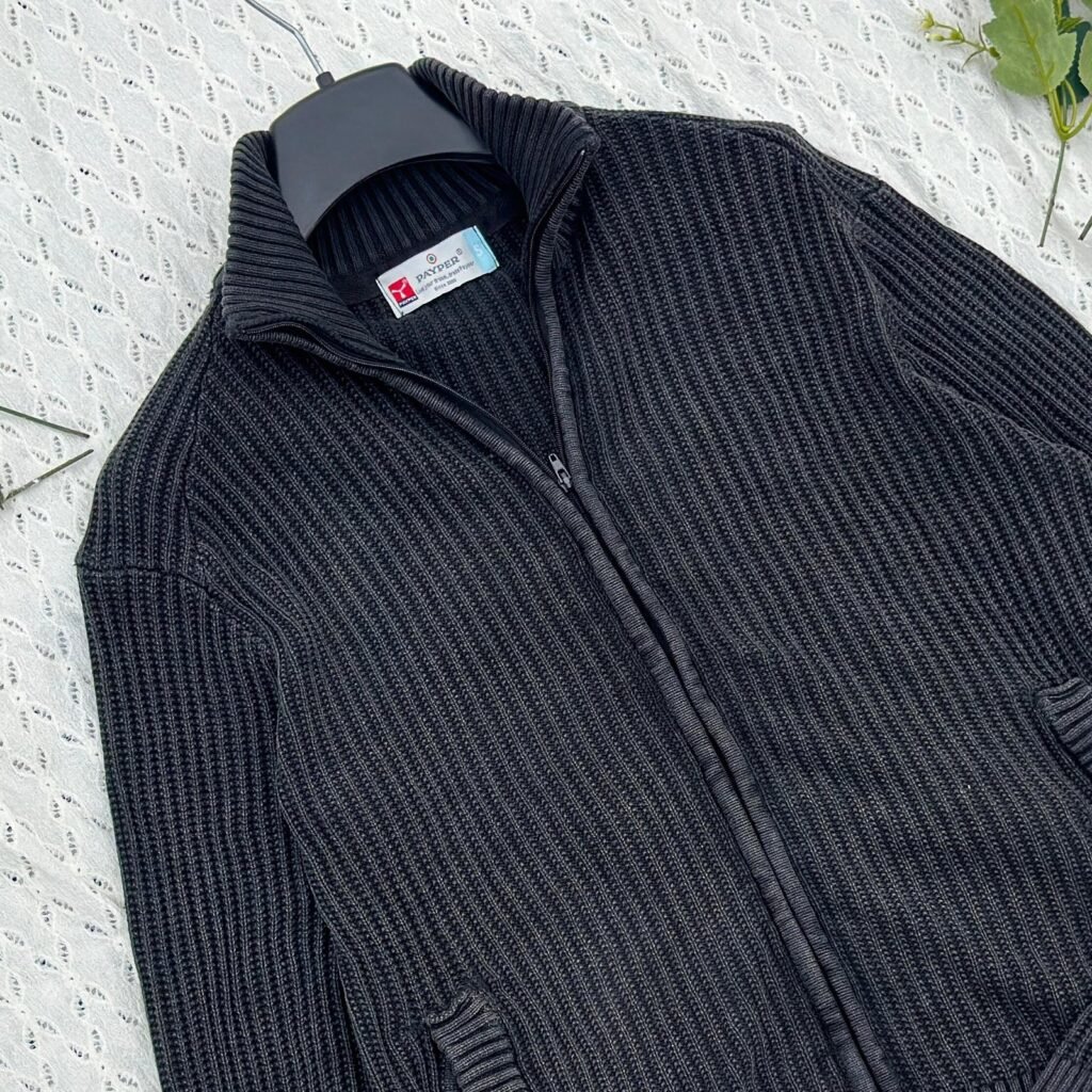 Stone Washed Full zipper black knitted sweater (Big size)