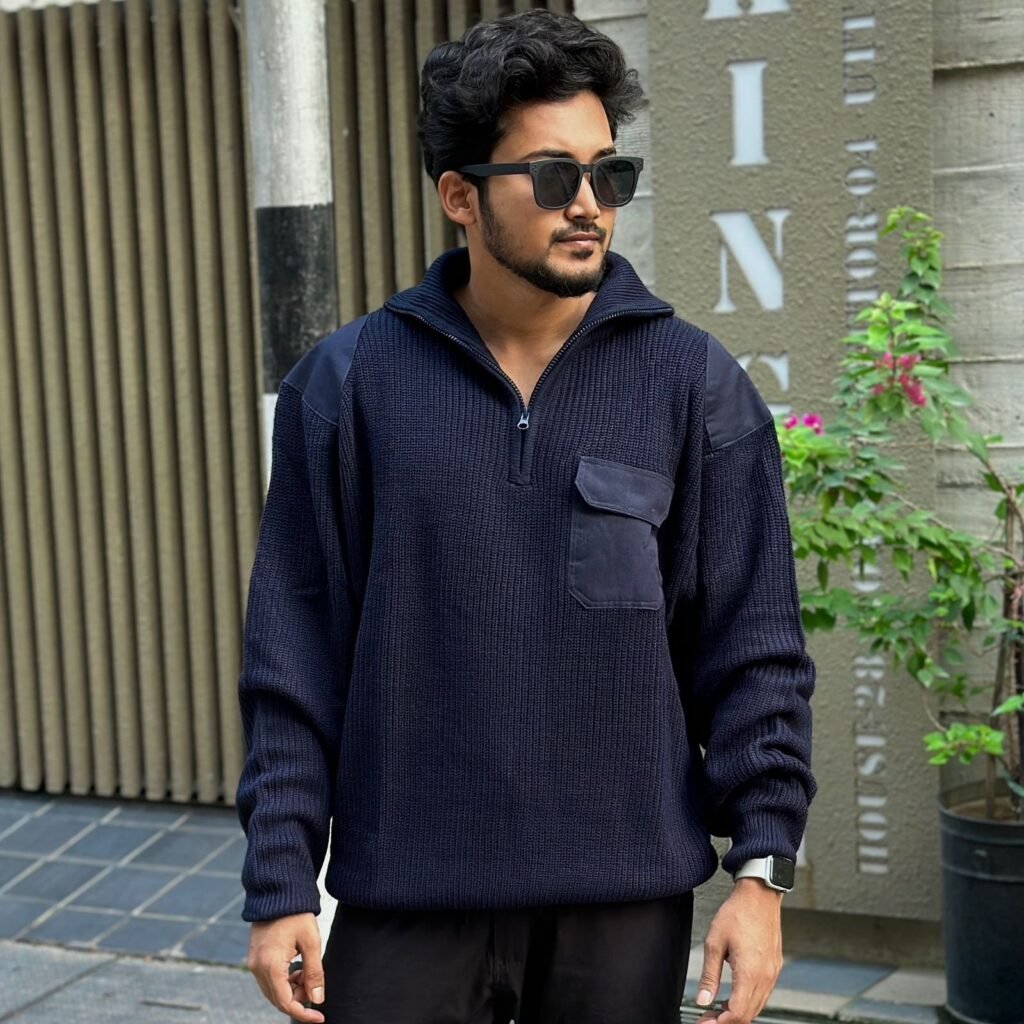 Deep Navy Blue Half Zipper Pocket Design Sweater (Oversized)