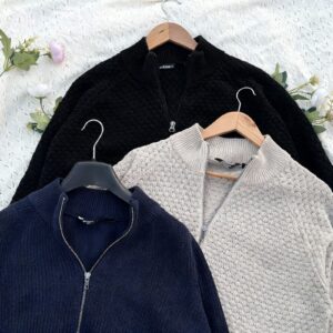 3 pcs. Combo [Beige], [Black] & [Navy Blue] full zipper HighNeck oversized Sweater (YKK metal zipper)