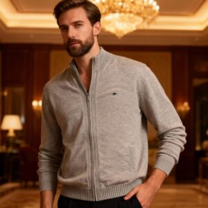 Abstract Beige Pocket Oversized Full Zipper Desgined Sweater